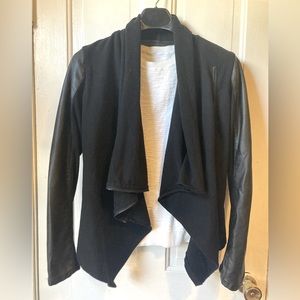 Moto meets bomber jacket, vinyl + cotton waterfall collar, asymmetrical zip